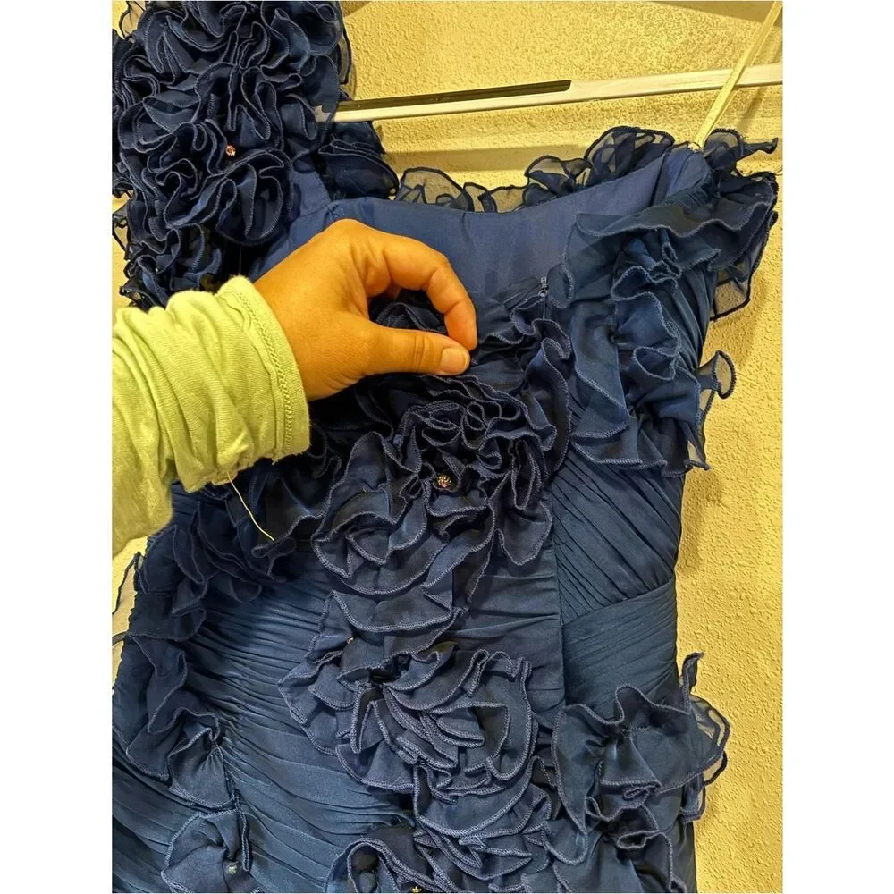 Mac Duggal Couture Blue One Shoulder Ruffle Mini Dress Size 6